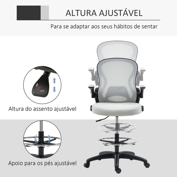 Cadeira de Escritório com Encosto Médio Suporte Lombar Apoio para os Braços Dobrável e Altura Ajustável Carga Máxima 120kg 59x65x102-122 cm cinza Claro