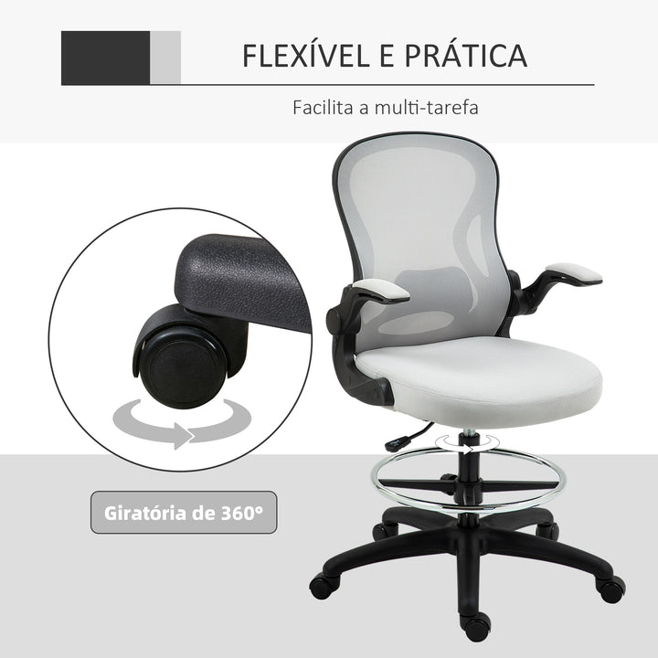 Cadeira de Escritório com Encosto Médio Suporte Lombar Apoio para os Braços Dobrável e Altura Ajustável Carga Máxima 120kg 59x65x102-122 cm cinza Claro