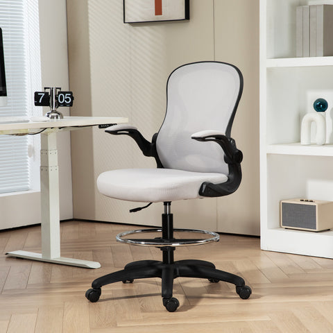 Cadeira de Escritório com Encosto Médio Suporte Lombar Apoio para os Braços Dobrável e Altura Ajustável Carga Máxima 120kg 59x65x102-122 cm cinza Claro