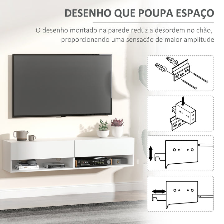 Móvel de TV de Parede Móvel de TV para Sala de Estar com 2 Compartimentos e 2 Armários com Portas Móvel para Televisores de 60 Polegadas 140x32x31 cm Branco