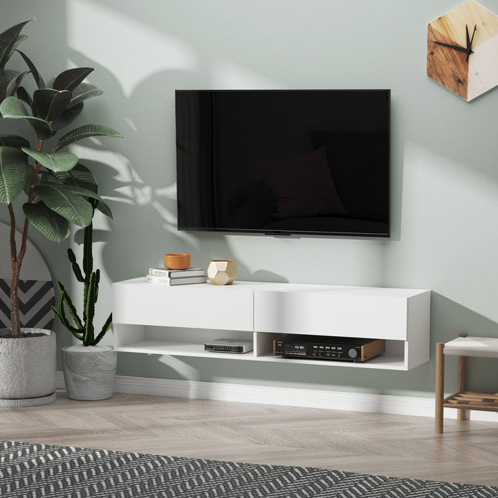 Móvel de TV de Parede Móvel de TV para Sala de Estar com 2 Compartimentos e 2 Armários com Portas Móvel para Televisores de 60 Polegadas 140x32x31 cm Branco