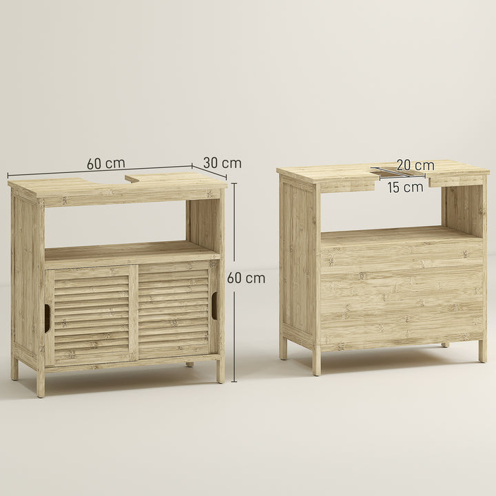 Móvel para Lavatório Pousar em Bambu Armário Debaixo do Lavatório com Portas Deslizantes de Lamas Compartimento Aberto Estilo Moderno 60x30x60 cm Madeira