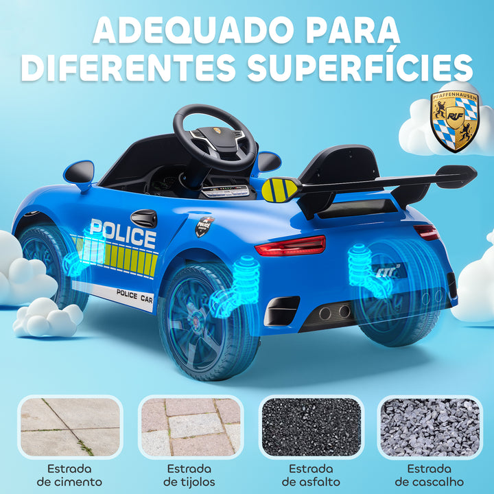 Carro Elétrico para Crianças de Polícia Carro a Bateria 12V com Controlo Remoto 2,4 G Motor Duplo Sirene Música Sem Fios Buzina Rodas Auxiliares e Faróis LED 105x58x49 cm Azul