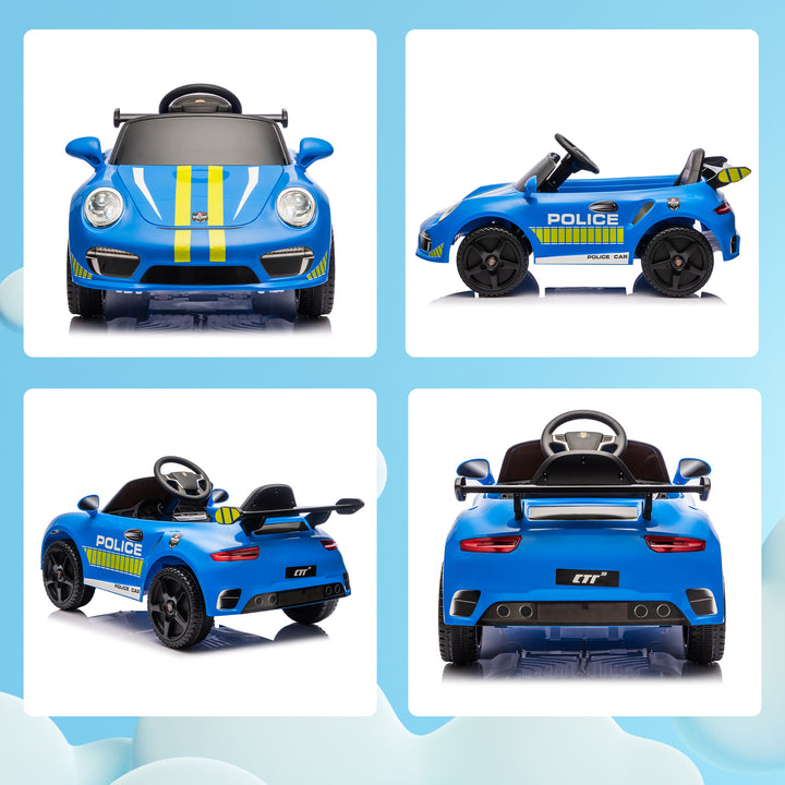 Carro Elétrico para Crianças de Polícia Carro a Bateria 12V com Controlo Remoto 2,4 G Motor Duplo Sirene Música Sem Fios Buzina Rodas Auxiliares e Faróis LED 105x58x49 cm Azul
