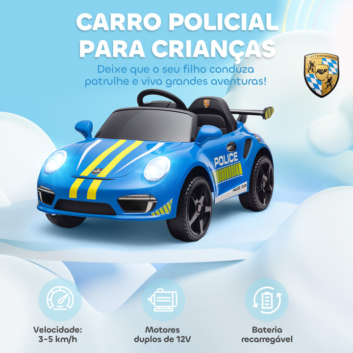 Carro Elétrico para Crianças de Polícia Carro a Bateria 12V com Controlo Remoto 2,4 G Motor Duplo Sirene Música Sem Fios Buzina Rodas Auxiliares e Faróis LED 105x58x49 cm Azul