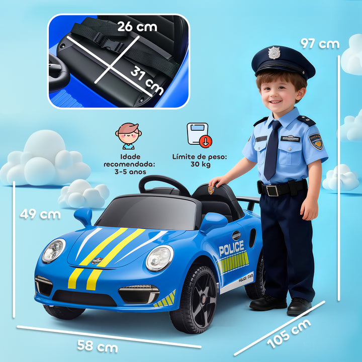 Carro Elétrico para Crianças de Polícia Carro a Bateria 12V com Controlo Remoto 2,4 G Motor Duplo Sirene Música Sem Fios Buzina Rodas Auxiliares e Faróis LED 105x58x49 cm Azul