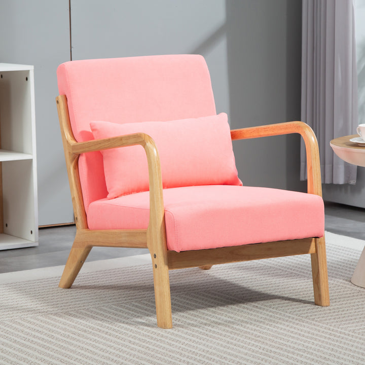 Poltrona Sala de Estar Nórdica Poltrona Individual Acolchoada com Apoio para os Braços e Estrutura de Madeira de Borracha para Dormitório Carga 120 kg 61x78x76 cm Rosa