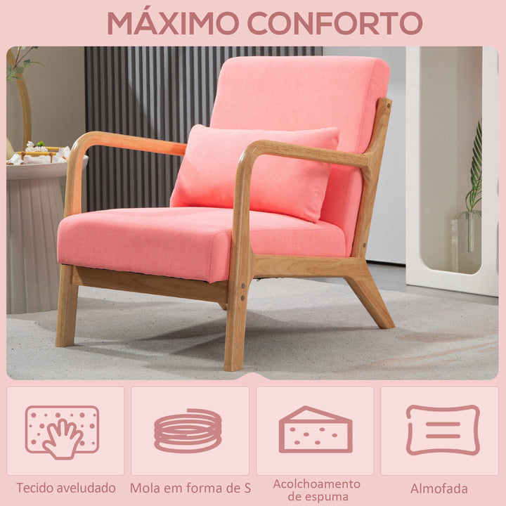 Poltrona Sala de Estar Nórdica Poltrona Individual Acolchoada com Apoio para os Braços e Estrutura de Madeira de Borracha para Dormitório Carga 120 kg 61x78x76 cm Rosa