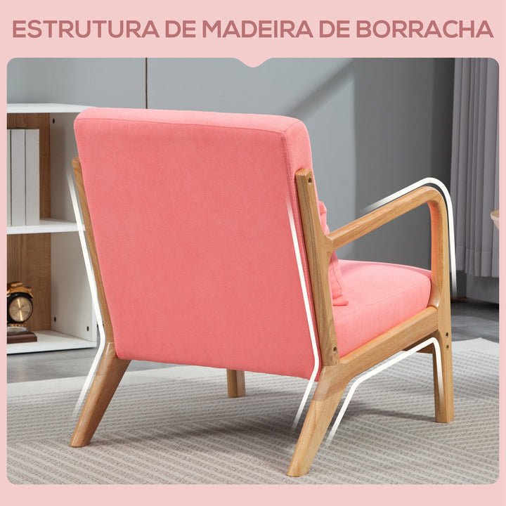 Poltrona Sala de Estar Nórdica Poltrona Individual Acolchoada com Apoio para os Braços e Estrutura de Madeira de Borracha para Dormitório Carga 120 kg 61x78x76 cm Rosa