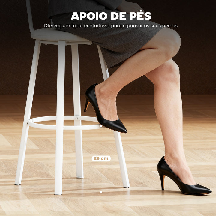 Conjunto de 2 Bancos de Bar Bancos Altos de Cozinha com Encosto e Apoio para Pés Estofados em PU Assento com 75,5 cm de Altura Fácil Montagem Estilo Industrial 41,5x36,5x99,5 cm Madeira e Branco