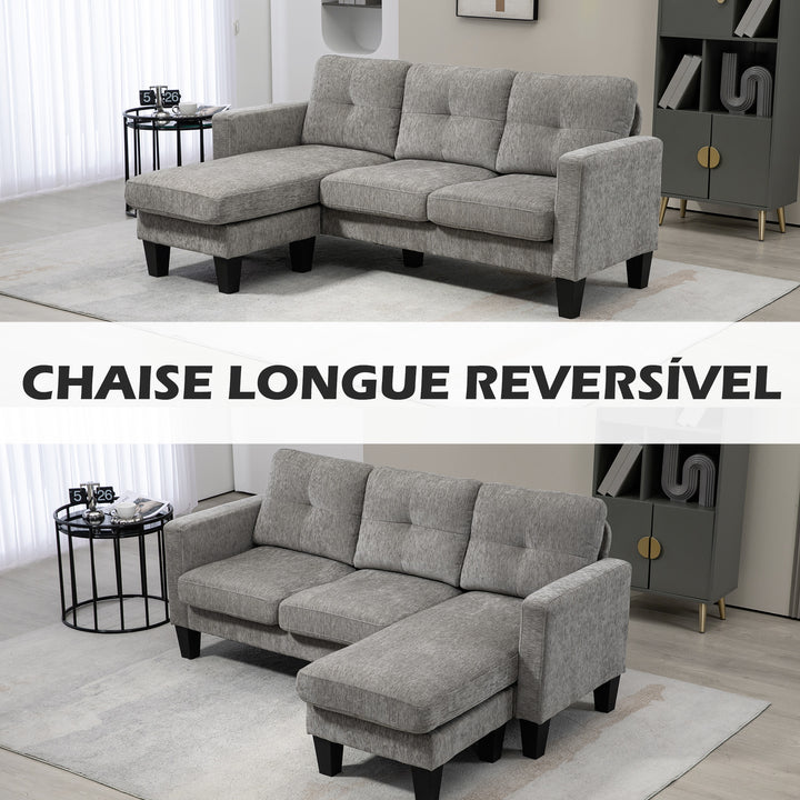 Sofá Chaise Longue Sofá em Forma de L Estofado em Poliéster Sofá de Canto Reversível com 3 Almofadas e Pés de Madeira para Sala de Estar Carga Máxima 180 kg 186x130x84 cm Marrom Acizentado