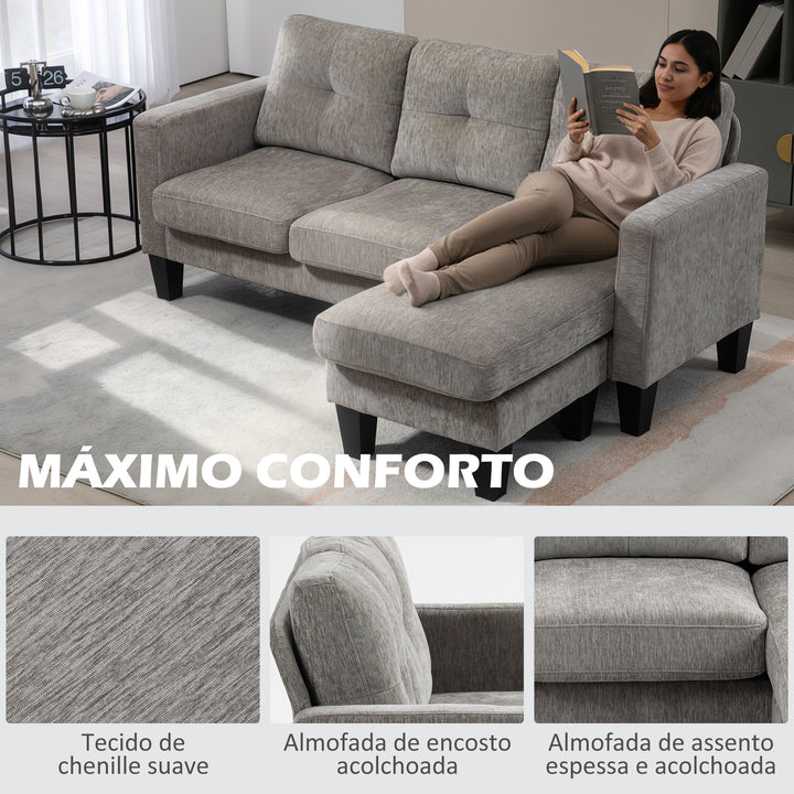 Sofá Chaise Longue Sofá em Forma de L Estofado em Poliéster Sofá de Canto Reversível com 3 Almofadas e Pés de Madeira para Sala de Estar Carga Máxima 180 kg 186x130x84 cm Marrom Acizentado
