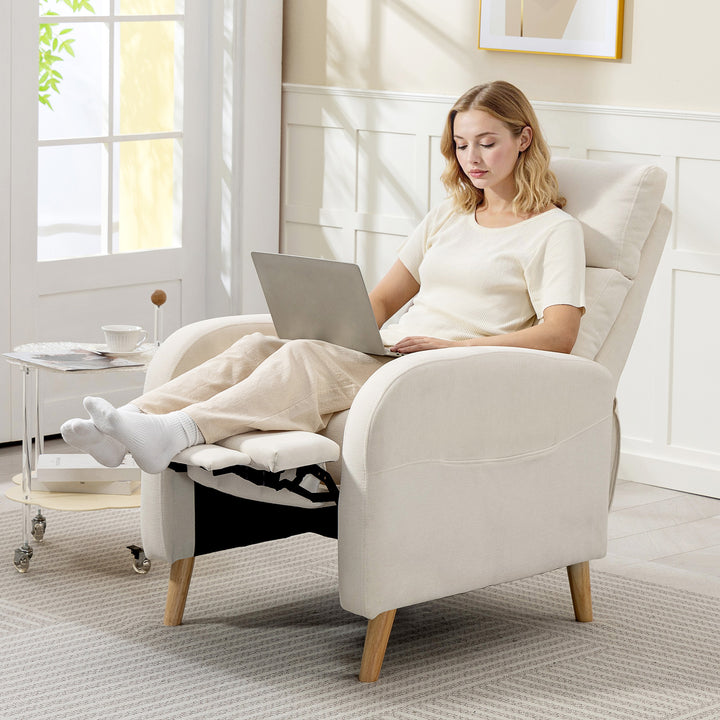Poltrona Relax Reclinável Manual Poltrona Relax Estofada em Linho Sintético com Apoio para os Pés e Bolso Lateral Poltrona Reclinável para Dormitório Escritório Carga 120 kg 68x90x106 cm Creme