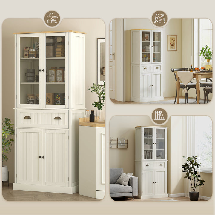 Armário de Cozinha com 2 Portas de Vidro 1 Gaveta e Prateleira Ajustável Móvel Auxiliar de Cozinha Anti-Tombo 76x40x182,5cm Creme