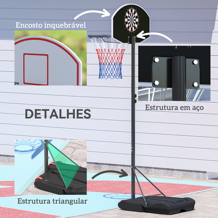 Tabela de Basquetebol para Exterior com Alvo de Dardos Tabela de Basquetebol Portátil com Ajustável 210-247 cm Rodas Base Rellenável para Adolescentes e Adultos Preto