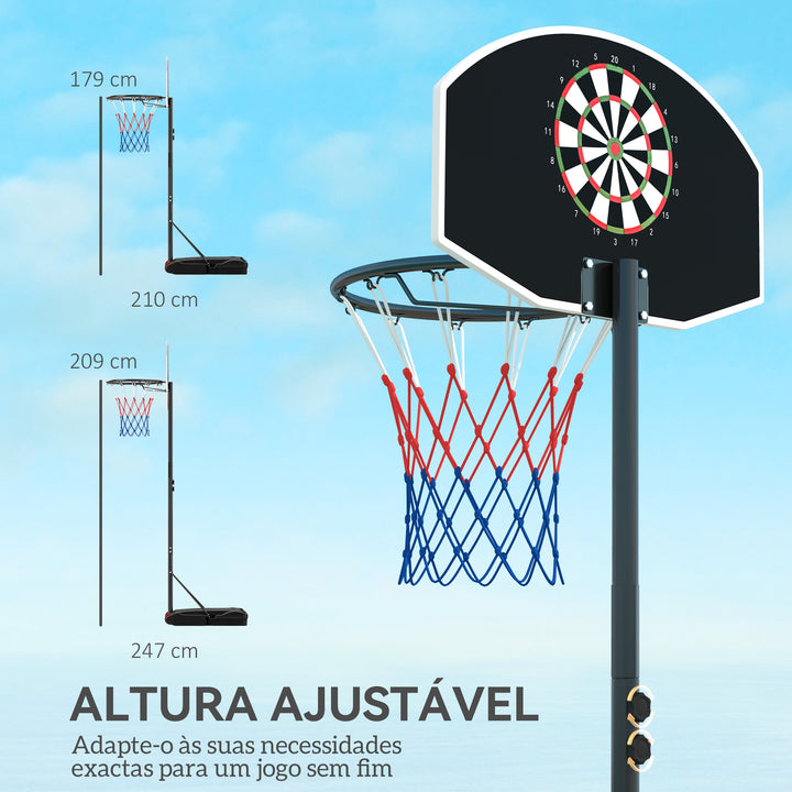 Tabela de Basquetebol para Exterior com Alvo de Dardos Tabela de Basquetebol Portátil com Ajustável 210-247 cm Rodas Base Rellenável para Adolescentes e Adultos Preto