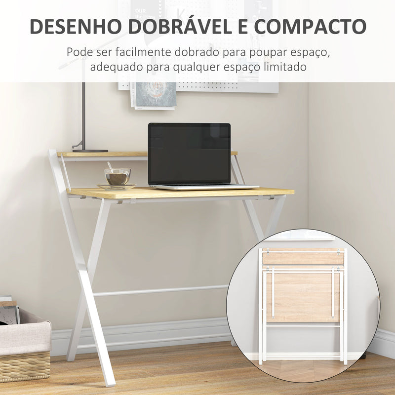 Secretária Dobrável Mesa de Estúdio com Prateleira Superior Estilo Moderno para Sala de Estar Escritório Dormitório 81,5x70x84 cm Madeira e Branco