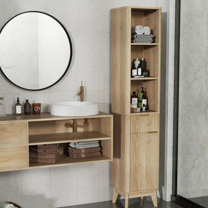Coluna de Casa de Banho Móvel de Casa de Banho Estreito com Porta Canaleda Gaveta 3 Compartimentos Abertos e Prateleiras Ajustáveis Armário Alto de Casa de Banho Moderno 33x30x170 cm Madeira