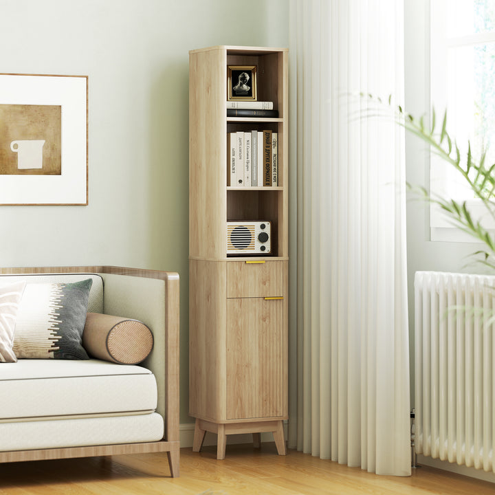 Coluna de Casa de Banho Móvel de Casa de Banho Estreito com Porta Canaleda Gaveta 3 Compartimentos Abertos e Prateleiras Ajustáveis Armário Alto de Casa de Banho Moderno 33x30x170 cm Madeira