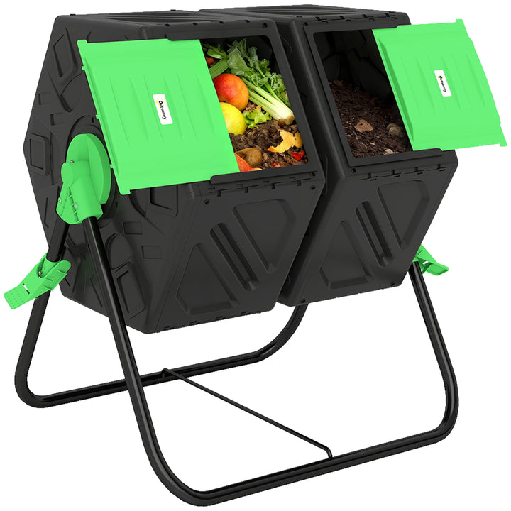Compostor Giratório de 130L Recipiente de Compostagem de Jardim de Dupla Câmara Compostor com Aberturas de Ventilação e Pés de Aço 67x60x77 cm Preto e Verde