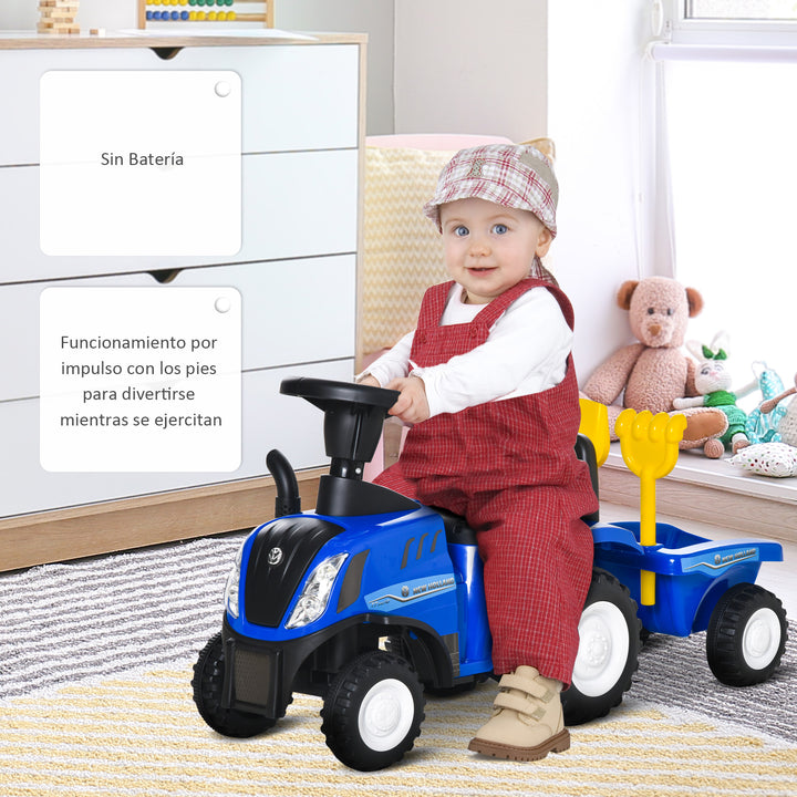 Trator para Crianças de 12-36 Meses com Reboque Removível Carro Andador com Buzina Farol Pá e Ancinho Carga 25kg 91x29x44cm Azul