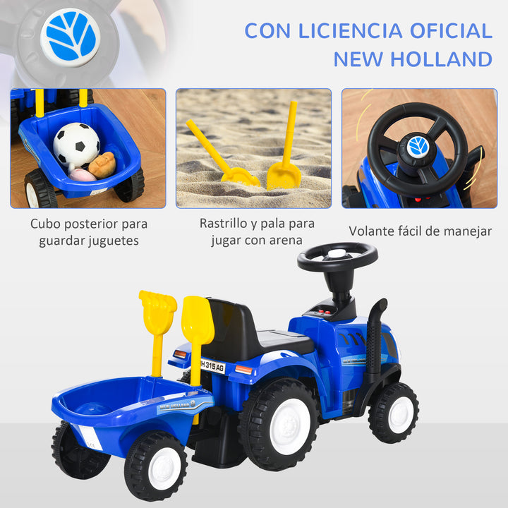 Trator para Crianças de 12-36 Meses com Reboque Removível Carro Andador com Buzina Farol Pá e Ancinho Carga 25kg 91x29x44cm Azul