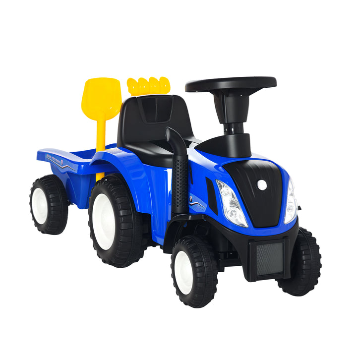 Trator para Crianças de 12-36 Meses com Reboque Removível Carro Andador com Buzina Farol Pá e Ancinho Carga 25kg 91x29x44cm Azul