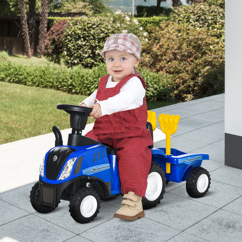 Trator para Crianças de 12-36 Meses com Reboque Removível Carro Andador com Buzina Farol Pá e Ancinho Carga 25kg 91x29x44cm Azul