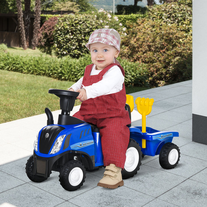 Trator para Crianças de 12-36 Meses com Reboque Removível Carro Andador com Buzina Farol Pá e Ancinho Carga 25kg 91x29x44cm Azul