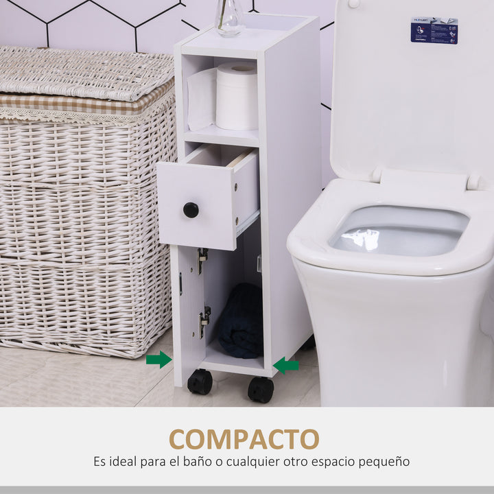 Armário de Casa de Banho Móvel Auxiliar para Espaço Reduzido com Rodas Prateleiras Abertas Armário e Gaveta 18x30x68,5cm Branco