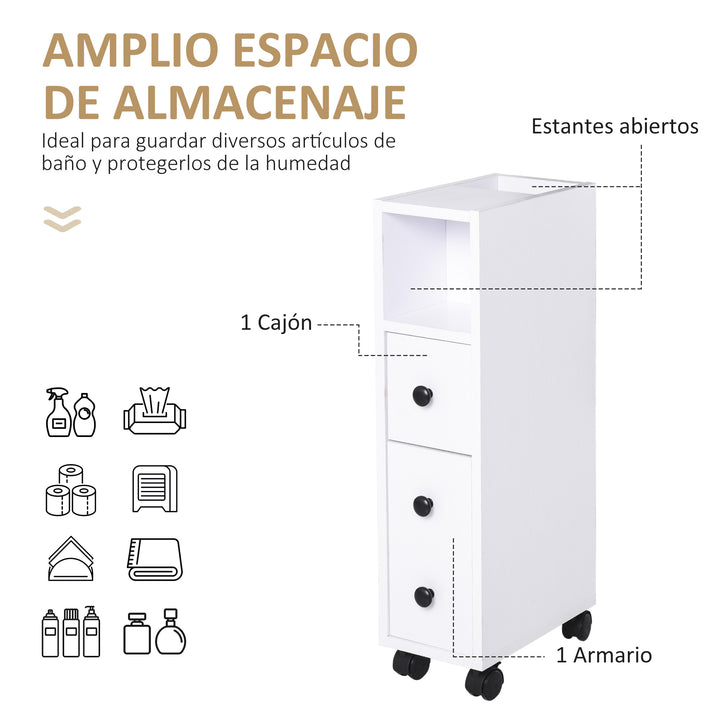 Armário de Casa de Banho Móvel Auxiliar para Espaço Reduzido com Rodas Prateleiras Abertas Armário e Gaveta 18x30x68,5cm Branco
