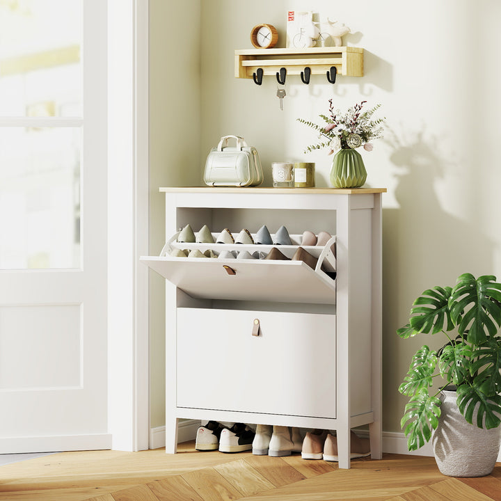 Sapateira Estreita Móvel Sapateira para Entrada com 2 Gavetas Abatíveis Prateleiras Ajustáveis e Puxadores em PU para 14 Pares de Sapatos para Corredor 80x24x95,5 cm Branco
