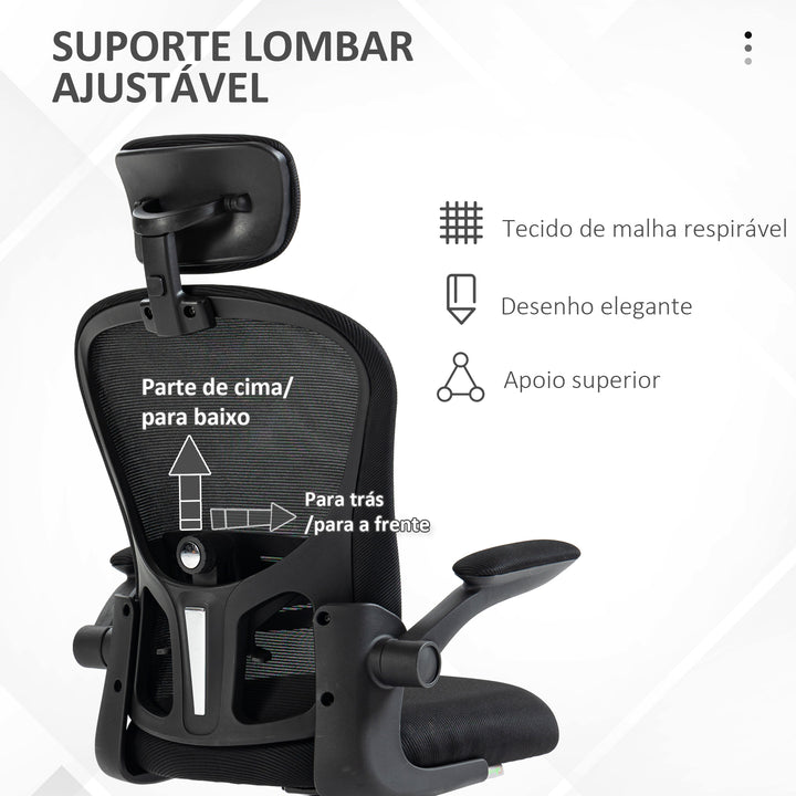Cadeira de Escritório Basculante Cadeira de Escritório Giratória com Encosto Alto Apoio para a Cabeça Ajustável Suporte Lombar Apoio para os Braços Dobrável e Altura Ajustável Carga 120 kg 62x64x112-120 cm Preto