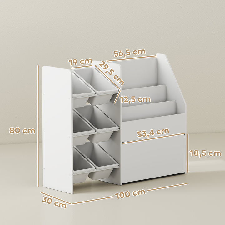 Estante Infantil para Brinquedos com 6 Caixas Removíveis 3 Prateleiras Abertas e Gaveta Inferior com Rodas Organizador para Quarto Sala de Jogos Escola Infantil 100x30x80 cm Branco