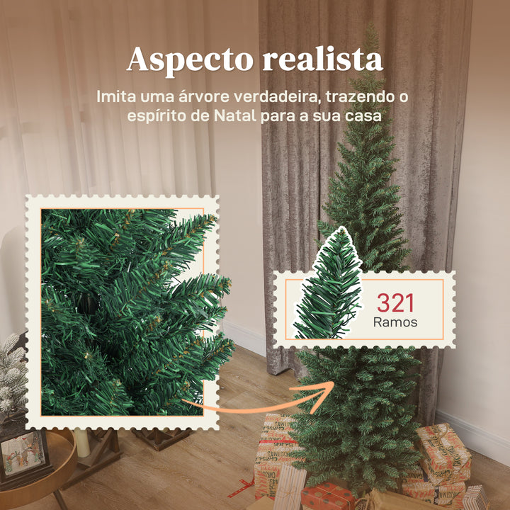 Árvore de Natal Slim 180 cm Árvore de Natal Artificial com 321 Ramos Suporte Metálico Fácil de Montar Decoração para Interior Casa Escritório Verde