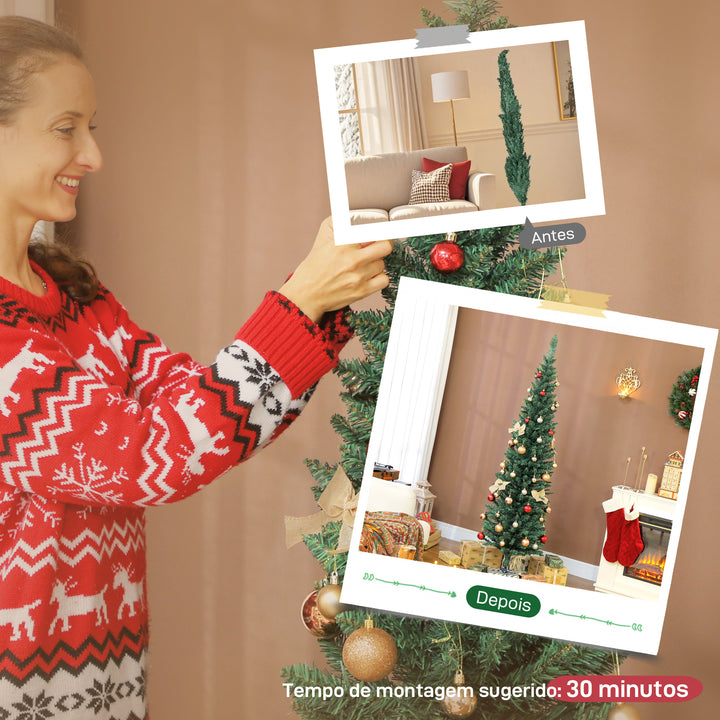 Árvore de Natal Slim 180 cm Árvore de Natal Artificial com 321 Ramos Suporte Metálico Fácil de Montar Decoração para Interior Casa Escritório Verde