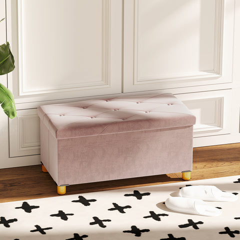 Banco de Armazenamento Dobrável Puff de Armazenamento Capacidade de 67 L Estofado em Veludo Baú de Armazenamento Quarto Carga 120 kg para Sala de Estar Entrada 76x38x38 cm Rosa Claro