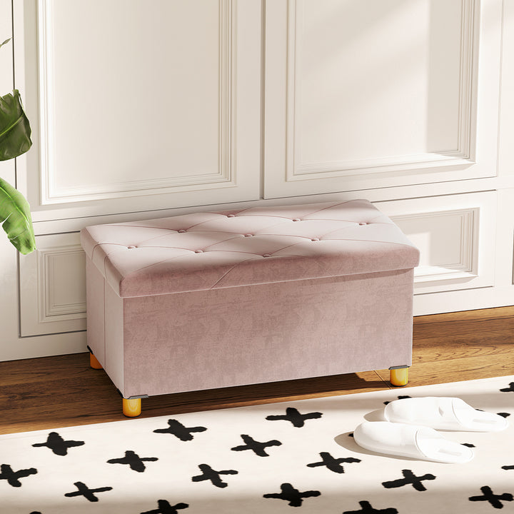 Banco de Armazenamento Dobrável Puff de Armazenamento Capacidade de 67 L Estofado em Veludo Baú de Armazenamento Quarto Carga 120 kg para Sala de Estar Entrada 76x38x38 cm Rosa Claro