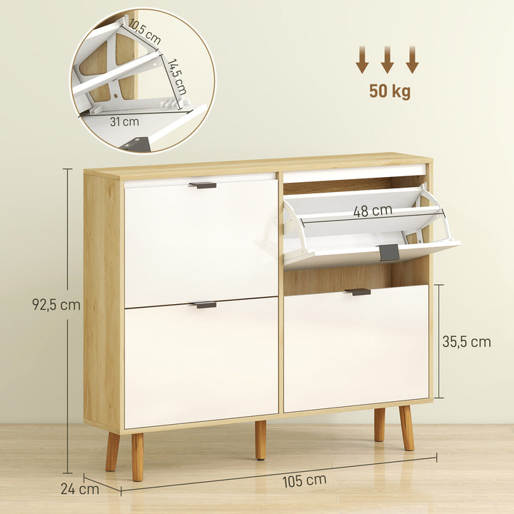 Sapateira Estreita com 4 Portas em Branco Brilho Sapateira de Entrada com Prateleiras Ajustáveis e Pernas de Madeira para 20 Pares de Sapatos 105x24x92,5 cm Branco