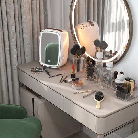 Mini Frigorífico de Cosméticos 6L Frigorífico de 9V com Porta com Espelho e Luz LED Ajustável em 3 Níveis para Beleza Maquilhagem Bebidas 24,3x19,4x35,6 cm Branco