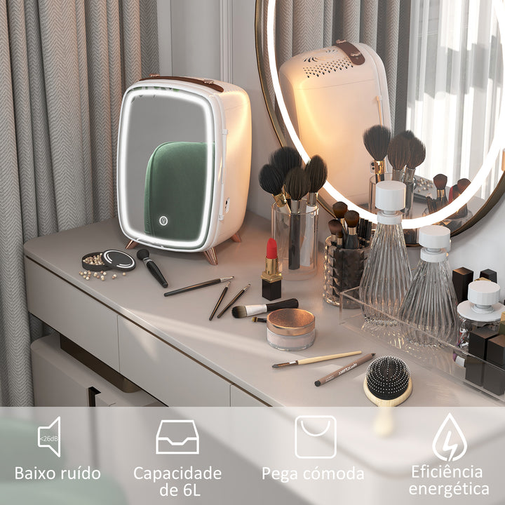 Mini Frigorífico de Cosméticos 6L Frigorífico de 9V com Porta com Espelho e Luz LED Ajustável em 3 Níveis para Beleza Maquilhagem Bebidas 24,3x19,4x35,6 cm Branco