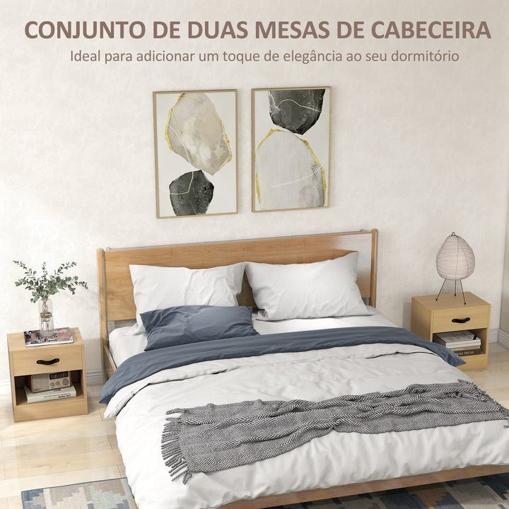 Conjunto de 2 Mesas de Cabeceira Mesas de Cabeceira para Dormitório Estreitas com Gaveta e Compartimento Aberto 39x28x41 cm Madeira