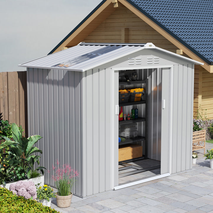 Abrigo de Jardim 2,42 m 213x130x185 cm Abrigo de Jardim Metálico de Exterior para Armazenamento de Ferramentas com 2 Portas Deslizantes e 4 Janelas para Terraço Cinza Claro