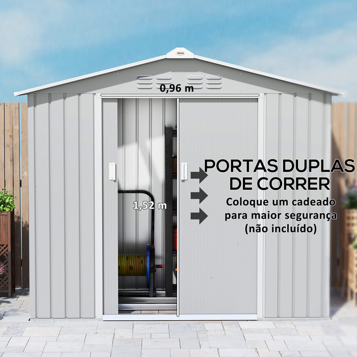 Abrigo de Jardim 2,42 m 213x130x185 cm Abrigo de Jardim Metálico de Exterior para Armazenamento de Ferramentas com 2 Portas Deslizantes e 4 Janelas para Terraço Cinza Claro
