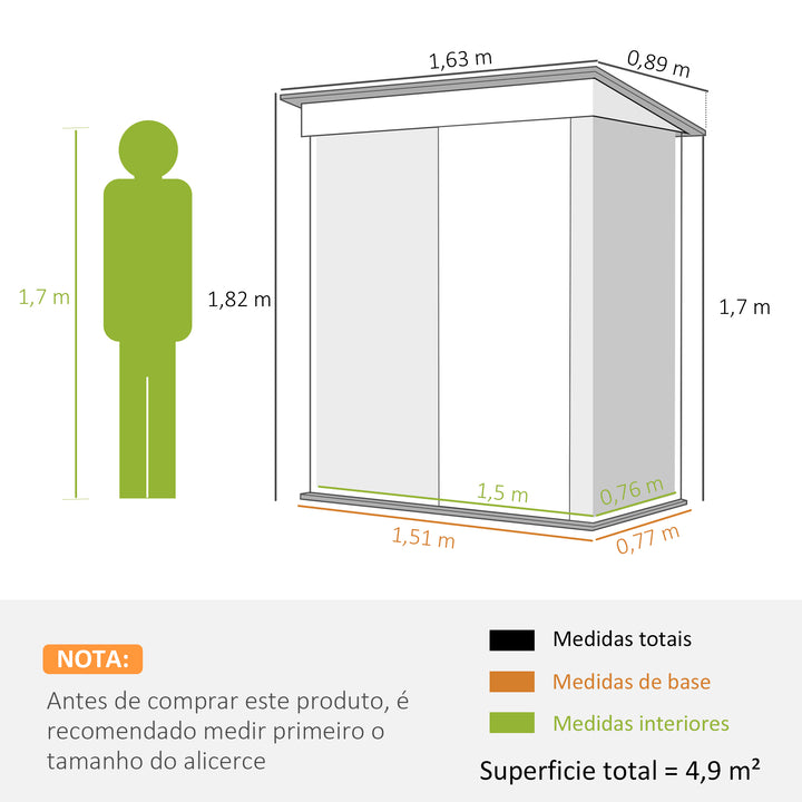 Abrigo de Jardim Exterior 1,5 m² 163x89x182 cm Abrigo Metálico para Ferramentas com Porta de Correr e Teto Inclinado para Pátio Verde