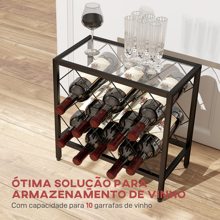 Suporte para Garrafas de Vinho para 10 Garrafas Suporte com Bancada de Vidro Temperado e Estrutura de Aço para Sala de Estar ou Jantar 41x22x41 cm Preto