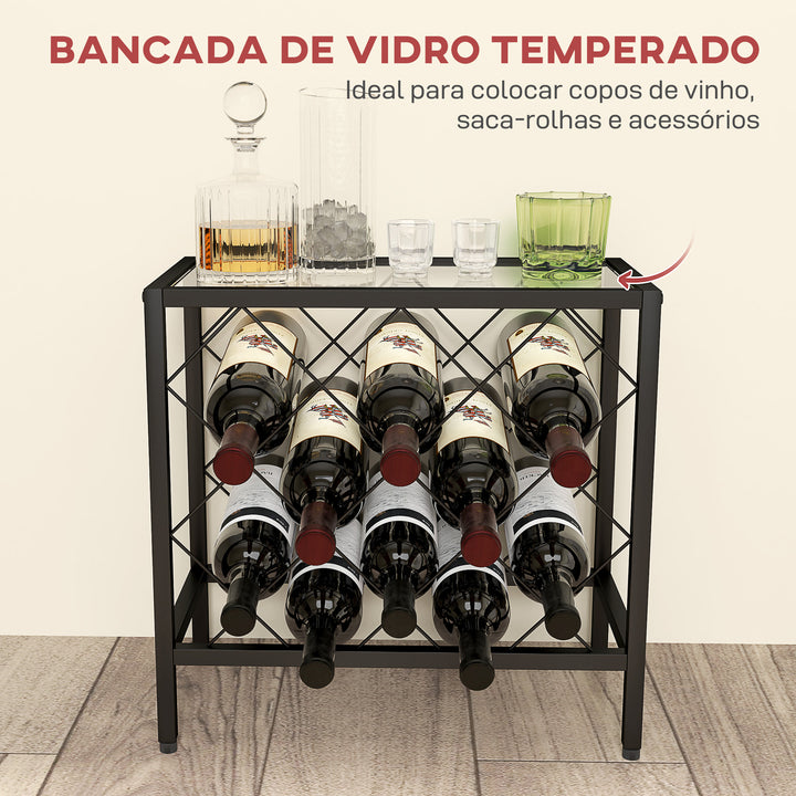 Suporte para Garrafas de Vinho para 10 Garrafas Suporte com Bancada de Vidro Temperado e Estrutura de Aço para Sala de Estar ou Jantar 41x22x41 cm Preto