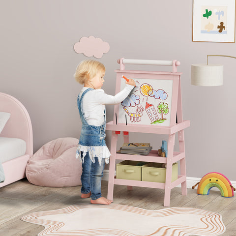 Quadro infantil Cavalete de Pintura Infantil 3 em 1 Quadro Magnético Dupla Face com Rolo de Papel e Cestos de Arrumação Rosa
