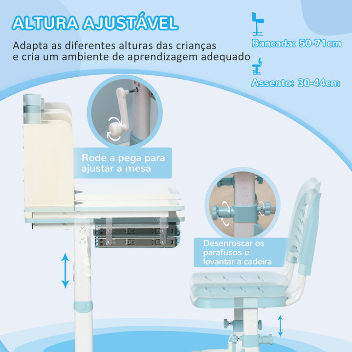 Conjunto de Secretária e Cadeira para Crianças acima de 3 Anos com Altura Ajustável Secretária Infantil com Bancada Inclinável Gaveta e Prateleira para Livros 80x52x88x109cm e 35,5x44,5x66-80cm Azul