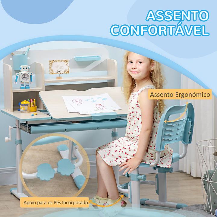Conjunto de Secretária e Cadeira para Crianças acima de 3 Anos com Altura Ajustável Secretária Infantil com Bancada Inclinável Gaveta e Prateleira para Livros 80x52x88x109cm e 35,5x44,5x66-80cm Azul